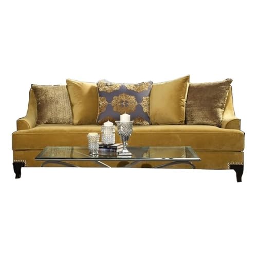 BOWERY HILL Traditional Velvet Upholstered Sofa, Gold Finish, Premium Velvet Fabric, Solid Wood Frame, 91 W x 40 D x 38 H, Includes Accent Pillows, Nailhead Trim, Comfortable Living Room Seating