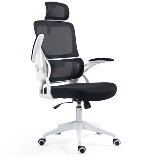 Ahua Silla de Oficina Silla de Escritorio ergonómica con reposacabezas Ajustable y Soporte Lumbar Silla de computadora de Malla con Respaldo Alto con reposabrazos abatibles Acolchados (Blanco)
