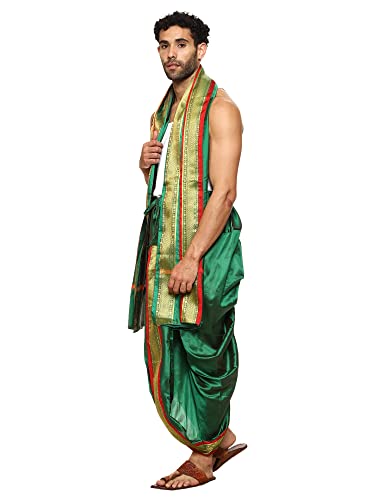 Image of Rameshwaram Fabrics Readymade Dhoti for Men, Velcro Style Stitched Mens Silk Dhoti Pant with Stole Set