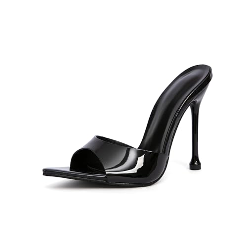 Smyble Women’s Black High-Heeled Sandals, Stiletto High Heel Mules with Open-Toe Pointed Toe, Patent Leather Slip-On Sandals for Party, Date & Office Commute Summer Outfits