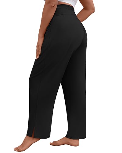 Locoowai Pacote com 3 calças femininas plissadas plus size, pernas largas, fenda lateral, lounge, io