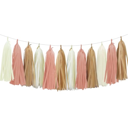 Image of Boho Tassel Garland for Bridal Shower Baby Shower Decorations, 15pcs | Blush Pink Tassel Garland Party Decor for Brithday Decorations, Cream Khaki and Blush Pink