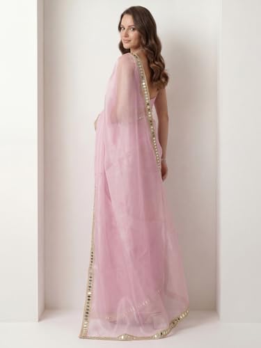 Image of AKHILAM Women's Shimmer Net Solid Saree With Unstitched Blouse Piece