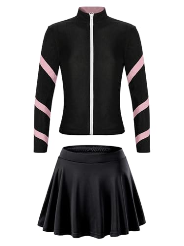 easyforever Kids Girls Sports Outfit Stripe Stand Collar Zipper Sweatshirt With Athletic Skirt Sets Dancewear Activewear Pink 14-15 Years3