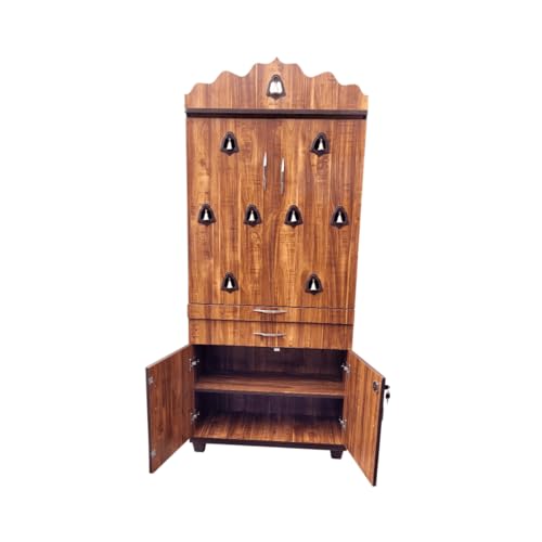 Image of 5 x 2.5 ft Wooden Pooja Mandir with Storage | Home Temple with Drawer & Stand | 30 inch L x 60 inch H x 12 inch D | Teak Wood Finish