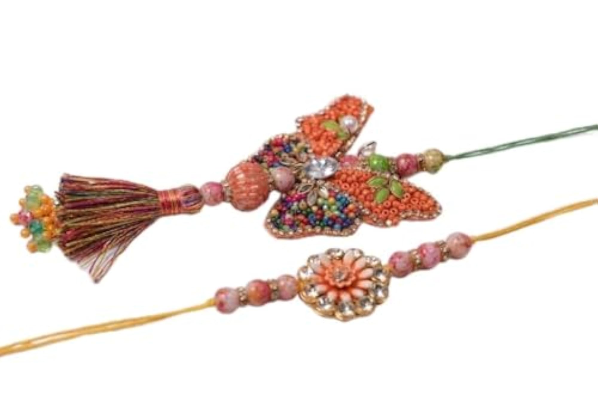 Designer Peach & Multi-Color Bhaiya Bhabhi Rakhi Set, Handmade Gift