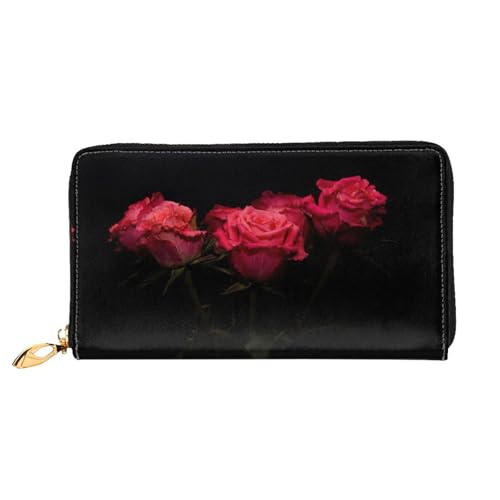 Portefeuille en cuir rose rouge et feuilles noires pour femme avec fermeture éclair