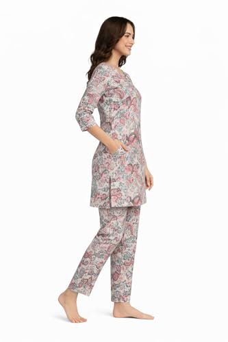 Image of Duchess Women's 100% Pure Cotton Printed Night Suit | Stylish Long Length Top & Pyjama Set | Ultra Soft, Breathable Sleepwear & Loungewear Homewear Nightwear Set | Plus Size Friendly