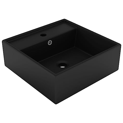 vidaXL Lavabo Carré de Luxe à Trop-plein Vasque à Poser de Toilette Lave-mains de Salle de Bain Salle Cosmétique Maison Noir Mat 41x41 cm Céramique