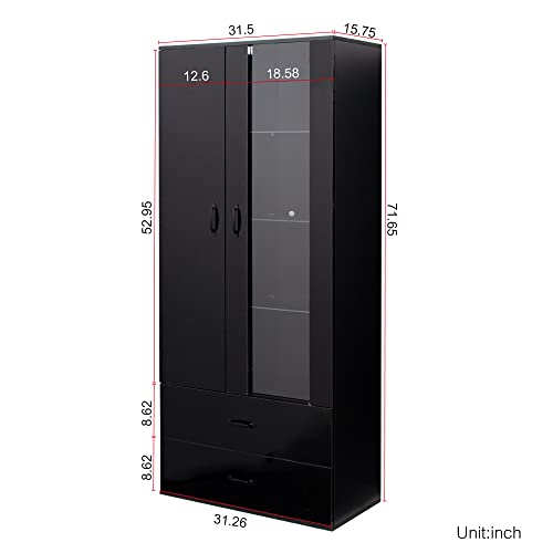 Yoluckea Modern Led Bookcase Storage Cabinet With 3 Glass Shelves And 2 Drawers, 72" Tall Curio Cabinet Collection Display Cabinet Side Cabinet For Living Room, Hallway, Office #TOP1