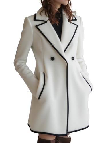 White Double-Breasted Coat for Women with Black Trim, Chic Long Blazer Jacket, Loose Fit Outerwear for fall, Winter