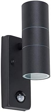 MiniSun Modern Matt Black Up/Down Outdoor Security Wall Light - PIR Motion Sensor Detector - IP44 Rated - Complete with 2 x 5W GU10 Cool White LED Bulbs