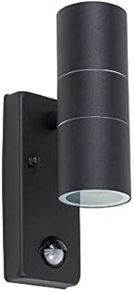 MiniSun Modern Matt Black Up/Down Outdoor Security Wall Light - PIR Motion Sensor Detector - IP44 Rated - Complete with 2 x 5W GU10 Cool White LED Bulbs