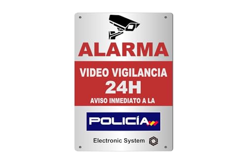 Panel Alarma PVC Efecto Metal “Policía” 20x14 cm – Cartel Disuasorio Videovigilancia 24H | Resistente UV, Lluvia & Intemperie para Casa, Garaje, Tienda, Oficina