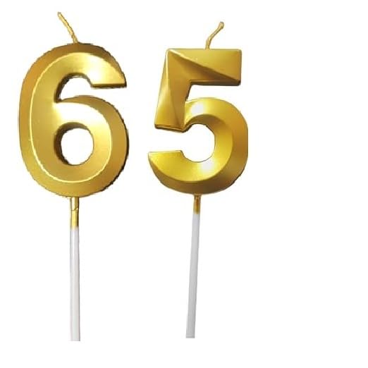 Image of ToyUniverse Number 65 Gold Candle | Sixty Five Number Candle | Number 65 Metallic Gold Candle for Sixty Fifth Birthday,Anniversary, Surprise Party Cake Decoration Candle (Pack of 2,Number 65)