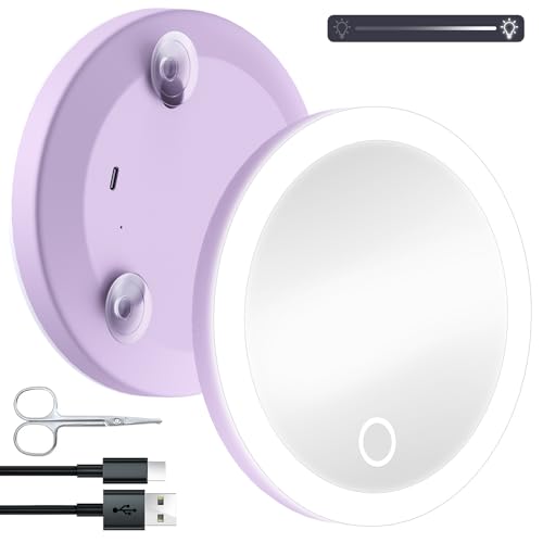 拡大鏡 メイク 30倍拡大鏡 ライト付きミラー 吸盤 鼻毛ハサミ付き コンパクトミラー ３光色 無段階調光 USB充電式 コンパクト 化粧鏡 収納便利 持ち運び便利 旅行用メイクアップミラーとして (パープル 30X)