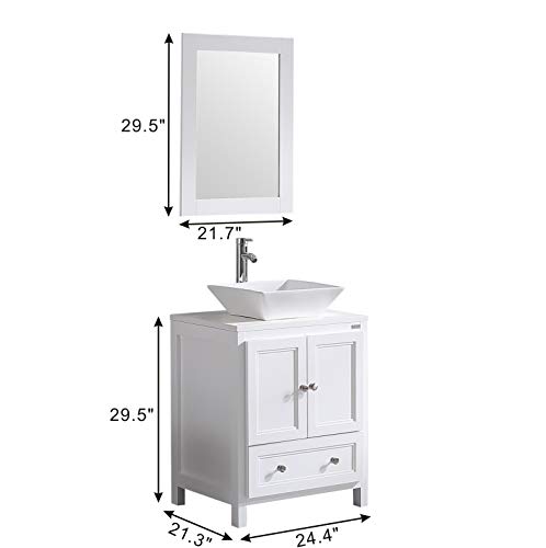 Wonline 24” White Bathroom Vanity Wood Cabinet Square Sink Combo Top Ceramic Vessel Sink Chrome Faucet Drain With Mirror Vanities Set #TOP1