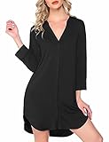 Damen Langarm Einfarbig Nachthemd Baumwolle Mit Knopf Elegant Sleepshirt Bigshirt Nachtwäsche Für Schwangerschaft Umstandnachthemd Mit Stillfunktion Schwarz S