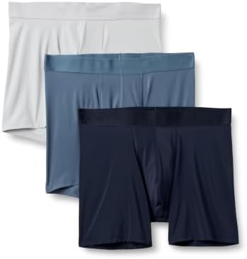 Amazon Essentials Men's Microfibre 4-Way Stretch Boxer Shorts Underwear, Pack of 3, Navy Blue/Blue/Light Gray, Large