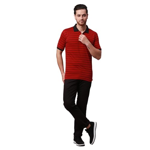 Image of Park Avenue Men's Cotton Polyester Blend Stripe Pattern Slim Fit Rib Collar Polo Neck Half Sleeve Casual T-Shirt