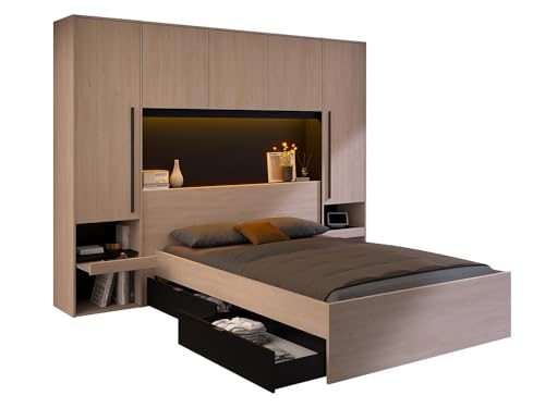 Vente-unique-Lit Pont 140 x 190 cm avec rangements - avec LEDs - Coloris : Naturel et Noir - VELONA