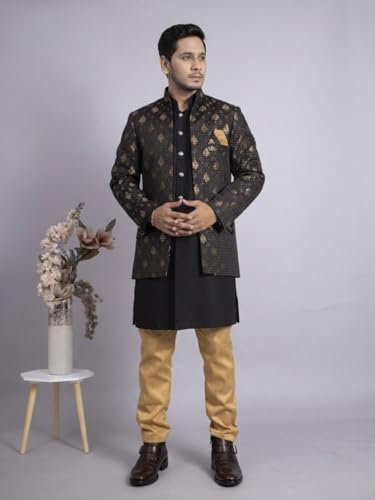 Image of XEPON Men's Jacquard Ethnic Wear Kurta Pajama With Stylish Long Jacket Set