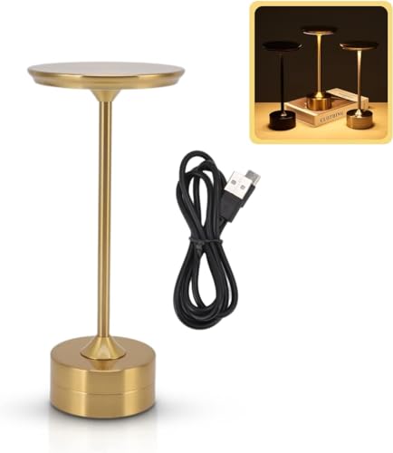 Image of Desidiya Metal Rechargeable Cordless LED Table Lamps Touch Sensor Light, 3-Levels Portable Dimming Wireless Battery Operated Lamp?Nightstand Lamp /Night Light /Restaurant Table /Outdoor /Coffee /Bar (Gold)