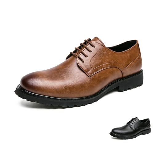 Men's Leather Oxfords Dress Shoes Fashion Round-Toe Lace up Low Top Derby Shoes Retro Classic Business Wedding Formal Shoes
