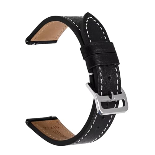 RYO101 Genuine Leather Watch Band, with white Stitching, Quick Release Spring Bars (Black, 18mm)