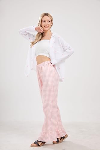 Image of codcm Womens Gingham Pants Wide Leg Lounge Pants Y2k Plaid Print Ruffle Hem Loose Trouser