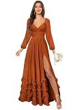 YMeiPaodw Long Sleeve Burnt Orange Bridesmaid Dresses for Women Chiffon Long A Line Ruffle Summer Wedding Dress Formal Evening Gowns with Slit Size 8