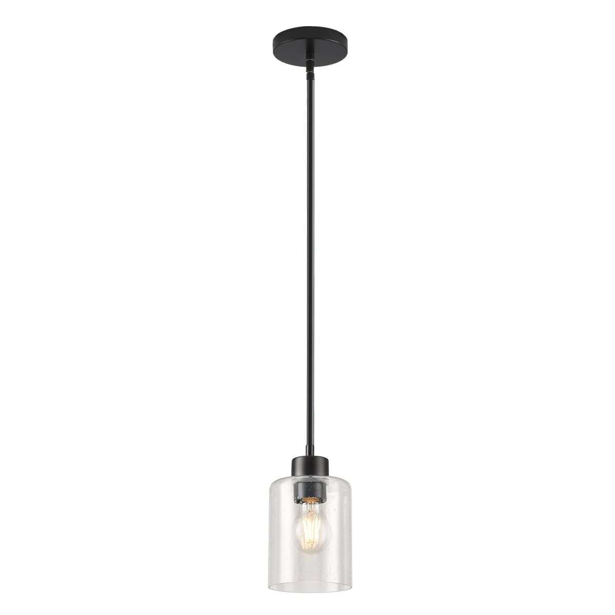 Photo 1 of KLSS Black Pendant Lights Kitchen Island - Seeded Glass Pendant Light Fixture Multiple Stems Rods 3 Units 12 Inch 3 Units 4 Inch (1 Pack Black Seeded Downrod)