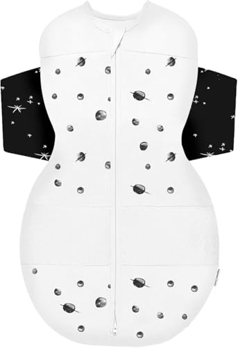 Image of Happiest Baby SNOO Sleep Sack - 100% Organic Cotton Baby Swaddle Blanket - Doctor Designed Promotes Healthy Hip Development (Ivory Planets Black Wings, X-Large)