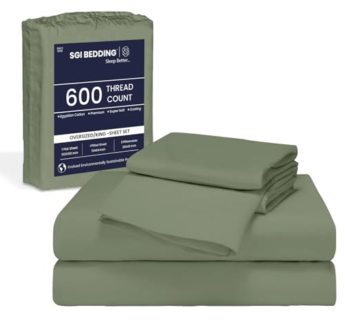 Image of SGI Bedding 84 inch W x 84 inch L 4Pc Emperor /Wyoming King Sheet Set 100% Egyptian Cotton - 600 Thread Count, Fits 12 inch Deep Pocket - Soft Breathable Oversized Sheets, for Extra Large Beds - Moss