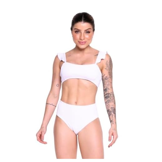 Bella Fiore Modas, Biquini Bella Fiore Modas Top Faixa Hot Pants Cintura Alta Texturizado Manga Babado Cor:Branco;Tamanho:G