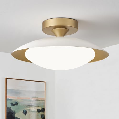 Dimmable Modern Mid-Century LED Ceiling Light, White and Gold, 12.6 Inch