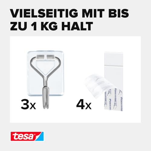 tesa Powerstrips Klebehaken Small - selbstklebende Haken mit abnehmbarem Drahthaken - wiederverwendbare Wandhaken für Bad oder Küche - Montage ohne Bohren - Transparent - 3 x Haken, 4 x Powerstrips