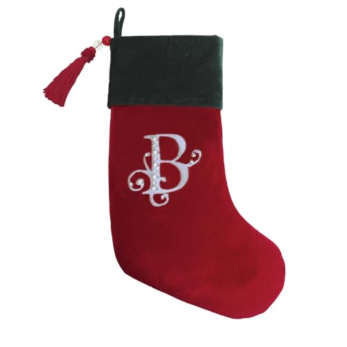 Christmas Stocking Red & Green Velvet w/Tassel, Rhinestone Monogram B