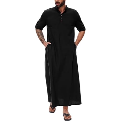 YAOHUOLE Mens Thobe Muslim Button down Mens Caftans Big and Tall Caftan for Men Black XL Cover