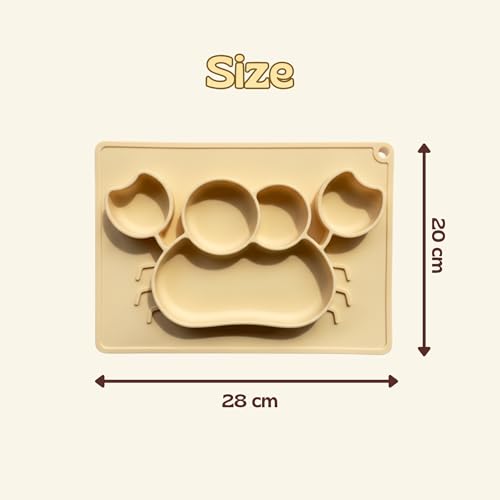 Image of Silicone Baby Meal Plate Set with Spoon & Fork | Crab Shaped | Banana Yellow | 5 Section Divided Plate for Toddlers | Food Grade Kids Feeding Set | Microwave Dishwasher Safe