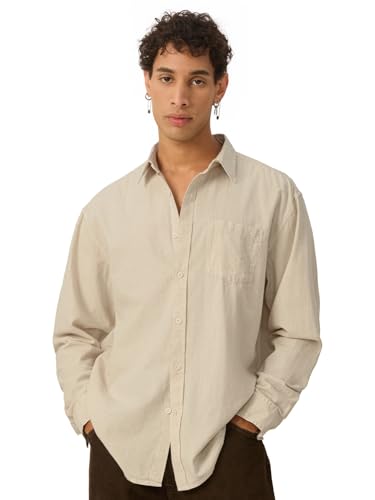 Image of The Souled Store Solids : Ecru Beige Men and Boys Collared Neck Long Sleeve Button Front Regular Fit Cotton Linen Shirt