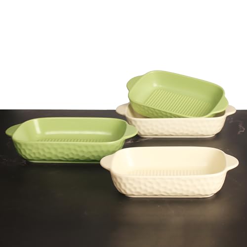 7" x 4.5" Rectangular Porcelain Baking Dish Set,Au Gratin Dishes,Casserole Dish, Ramekins 16 oz Bakeware Set of 2, Lasagna Pans for Cooking, Cake Dinner,Kitchen, Carry Handles Beige