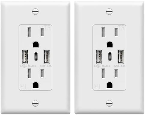 TOPGREENER USB Outlet, 3-Port Type C 3.6A 18W Wall Outlet, 15 Amp Receptacle, Charging Power Outlet with USB Ports, Compatible with iPhone 17 Series & More, UL Listed, TU21536AC3-2PCS, White, 2 Pack