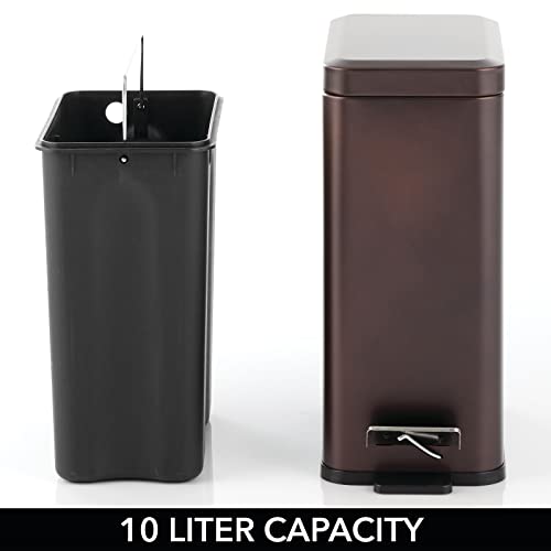 Mdesign Slim Metal Rectangle 2.6 Gallon Trash Can With Step Pedal, Easy-Close Lid, Removable Liner - Narrow Wastebasket Garbage Container Bin For Bathroom, Bedroom, Kitchen, Office - Bronze #TOP3
