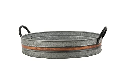 Galvanized Metal Serving Trays with Copper Strip and Iron Black Handles,Farmhouse Tray, Decorative Centerpiece for Coffee Table or Dining Table, Rustic Utility Trays for All Purpose, Round Trays…