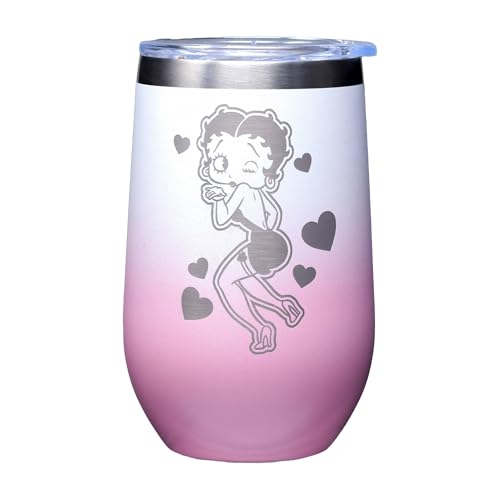 Image of Spoontiques Betty Boop Etched Stainless Steel Tumble - Insulated Wine Tumbler with Lid - Double Wall Stainless Steel Stemless Wine Glass - 16oz - 5 5 /8 inch Tall
