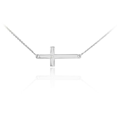 925 Sterling Silver Cute Diamond Pendant Sideways Cross Necklace