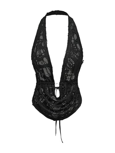 Verdusa Women's Y2k Rave Ripped Cowl Neck Halter Tops Tie Back Sexy Top