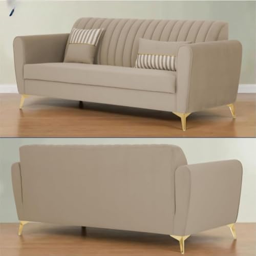 Image of MS Luxury FURNITRE Premium Luster 3-1-1 Sofa Set | Velvet Suede Fabric | 5 Color and Golden Legs & Striped Pattern Cushion wit Centre tabule Free (Beige, 3 seatar)