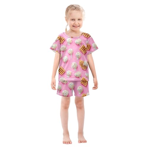 ALAZA Ice Cream Ball Waffle Pajamas Set Short Sleeve Cotton Sleepwear Summer Pjs 2 Piece 5-14Y3